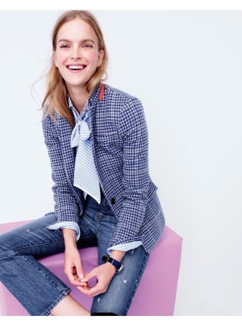 J. Crew Blue Houndstooth Tailored Blazer with Contrast Trim size 8